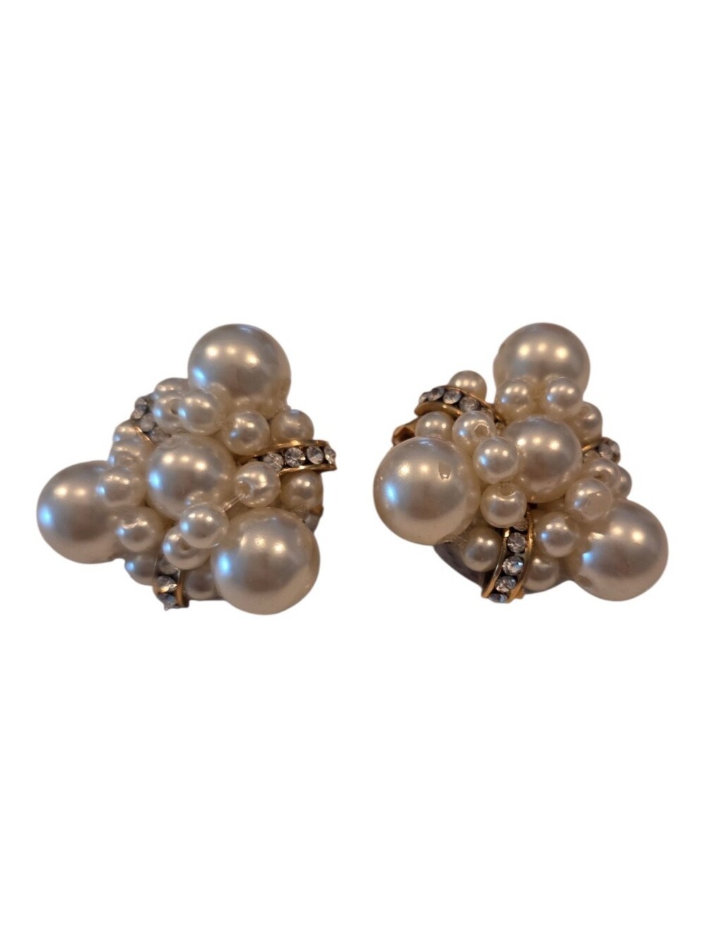 Vintage Faux Pearl & Rhinestone Cluster Clip On Earrings Gold Tone